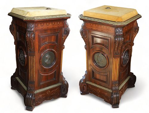 American Renaissance Revival Carved Inlaid And Gilt Incised Rosewood, Pedestals, Ca. 1870, H 41" W 22" L 22" 1 Pair