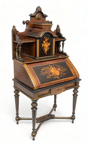 Attributed to Herter Brothers (American, 1864-1906) Carved Rosewood Marquetry Inlaid Secretary Desk, Ca. 1860, H 65" L 31.5" Depth 20.5"