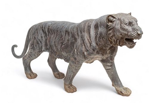 Maitland-Smith (British) Bronze Garden Sculpture, Prowling Bengal Tiger, H 32" L 81" Depth 24"