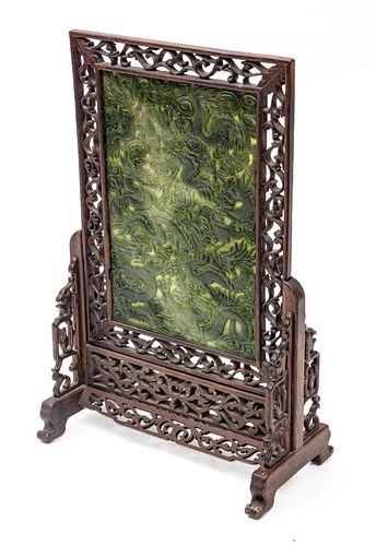 Chinese Bas Relief Carved Spinach Jade Panel, Carved Teakwood Frame & Stand, Ca. First Quarter 20th C., H 18" W 12"