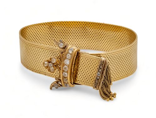 French 18K Yellow Gold & Diamond Slide Bracelet, W 1.25" Dia. 2.75" 72g
