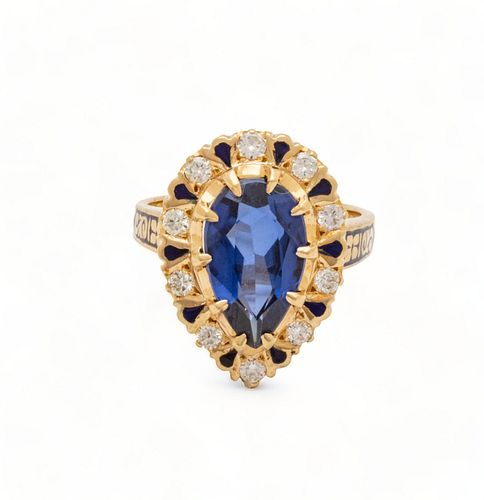 Pear-Shaped Synthetic Sapphire, Diamond & 18kt Gold Ring, Size: 6.5, 7g