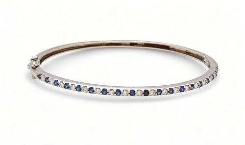 14kt White Gold, Diamond & Sapphire Bangle Bracelet, Dia. 2.25" 9g