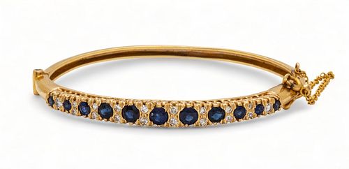 14kt Yellow Gold, Sapphire & Diamond Bangle Bracelet, Dia. 2.5" 15g