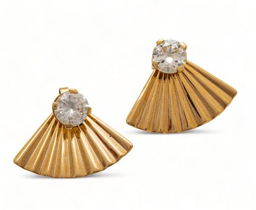 Pair of Diamond Stud Earrings with Fan Form Jackets, H 0.5" W 0.75" 1g