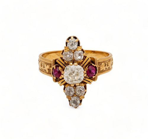 Antique Diamond, Ruby & 18kt Yellow Gold Ring, Size: 8.25, 6g