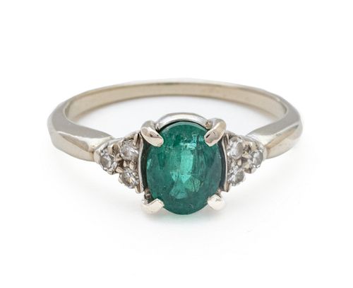 14K White Gold, Solitaire Emerald, with Diamonds Ring, Size 5 1/2 2.8g