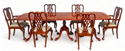 Chippendale Style Carved Mahogany And Burl Wood Dining Table And 12 Chairs, H 30.5" W 48" L 113.5" 14 pcs