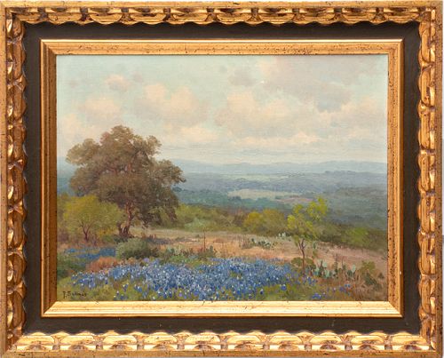 Porfirio Salinas (American, 1910-1973) Oil on Canvas Board, "Texas Landscape with Bluebonnets", H 12" W 16"