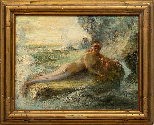 Douglas Arthur Teed (American, 1864-1929) Oil on Canvas, Ca. 1919, Mermaid on a Rocky Shore, H 13.25" W 17"