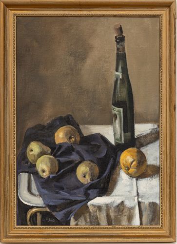Hughie Lee-Smith (American, 1915-1999) Oil on Canvas "Still Life with Wine Bottle And Fruit", H 26" W 18"