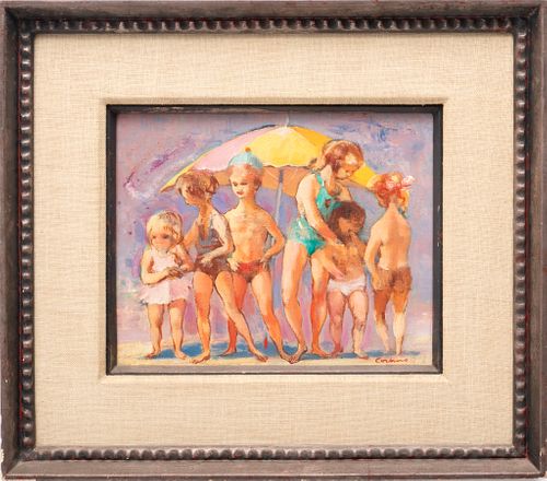 Jon Corbino (American, 1905-1964) Oil on Canvas, "Children Beach Umbrella", H 8.25" W 10.25"