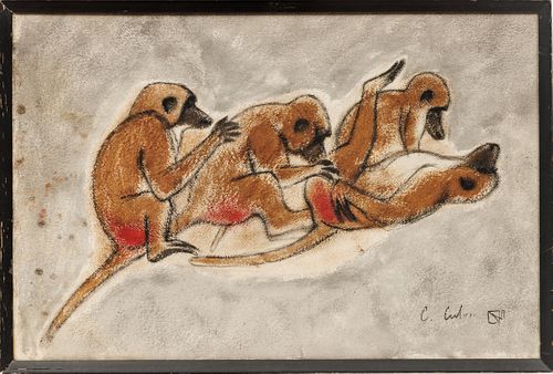 Charles Culver (American, 1908-1967) Pastel on Paper, Ca. 1963, "Grooming Monkeys", H 13.5" W 21"
