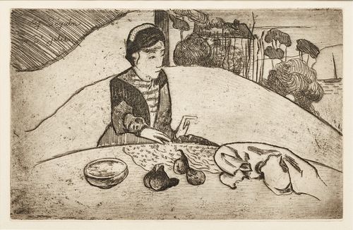 Paul Gauguin (French, 1848-1903) Etching, And Aquatint on Cream Wove Paper, 1894, "La Femme Aux Figues", H 10.5" W 18.5"