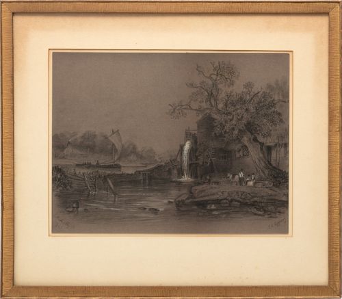 Louis Comfort Tiffany (American, 1848-1933) Charcoal & Pastel on Paper, 1863, "Grist Mill Scene", H 11" W 14.5"