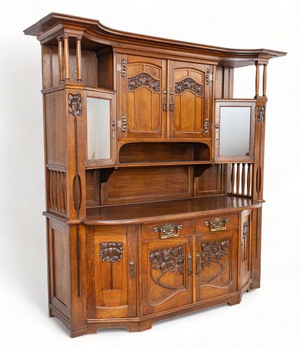 French Art Nouveau Carved Oak Sideboard with Buffet Ca. 1920-1930, H 95" L 86" Depth 31"