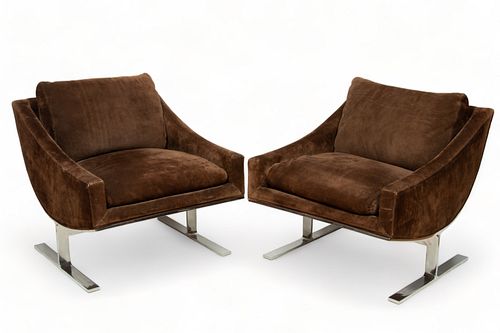 Kipp Stewart for Directional (American) Chocolate Leather & Steel Chairs, H 26" W 28" Depth 32" 2 pcs