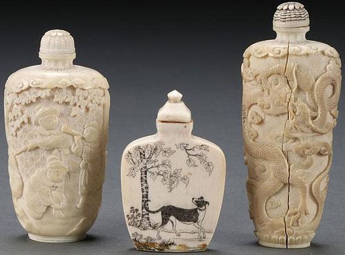 A GROUP OF THREE CHINESE CARVED IVORY SNUFF BOTTL