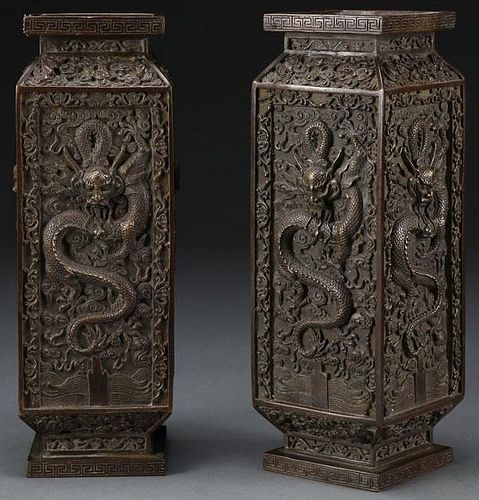 A PAIR OF CHINESE "DRAGONS" BRONZE VASES