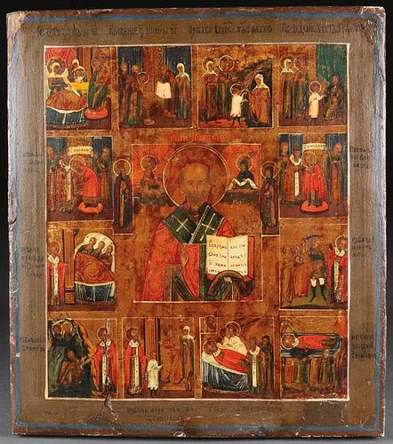 A RUSSIAN ICON OF SAINT NICHOLAS WITH LIFE SCENES