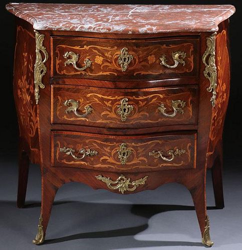 LOUIS XVI STYLE PARQUETRY BRONZE & MARBLE COMMODE