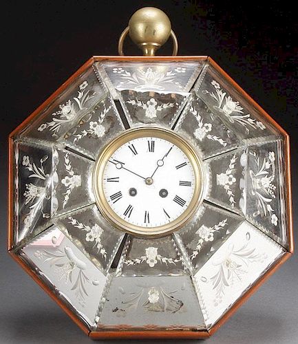 AN INTERESTING ETCHED MIRRORED GLASS WALL CLOCK