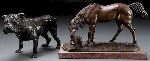 A PAIR OF BRONZE FIGURES: A BULLDOG AND A HORSE