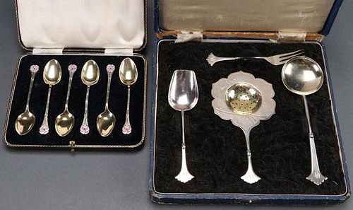 TWO CASED SILVER SETS, 19TH/20TH CENTURY