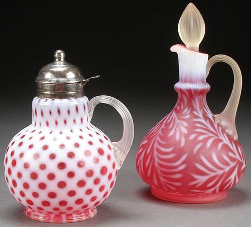 A VICTORIAN OPALESCENT CRANBERRY SYRUP AND CRUET