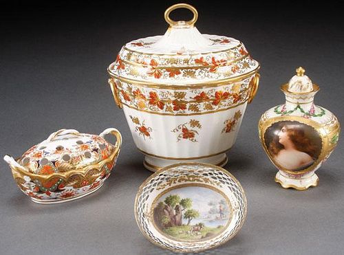 A FOUR PIECE PORCELAIN AND ENAMELED WARE GROUP