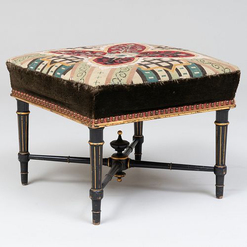 Victorian Ebonized and Parcel-Gilt Stool with Needlework and Velvet Upholstered Seat