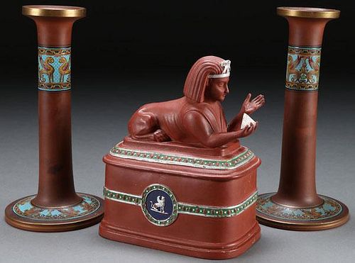 A THREE PIECE GROUP OF EGYPTIAN REVIVAL REDWARE