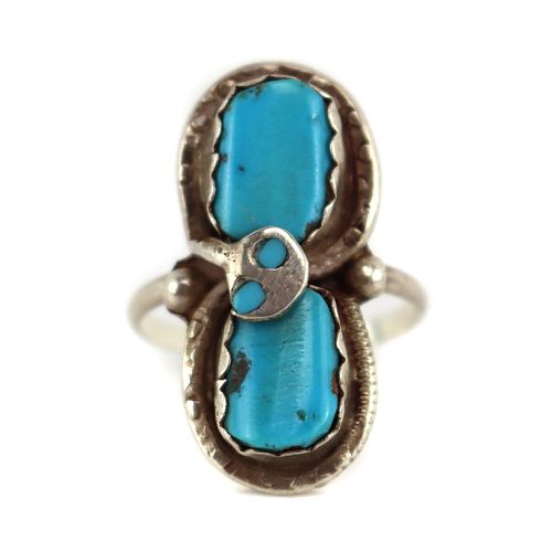Effie Calavaza - Zuni - Turquoise Inlay and Silver Ring with Snake Design c. 1960-70s, size 8 (J92363A-1023-001)