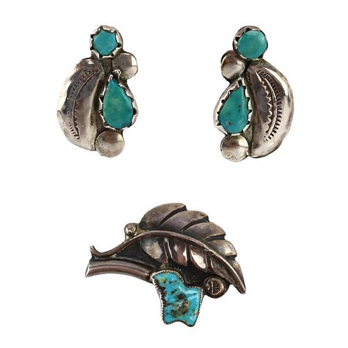 NO RESERVE Navajo - Turquoise and Silver Feather Pin and Screw-back Earrings with Stylized Moth Design c. 1950s (J16026)