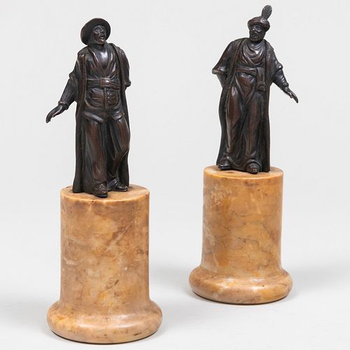 Pair of Bronze Chinoiserie Figures on Marble Bases