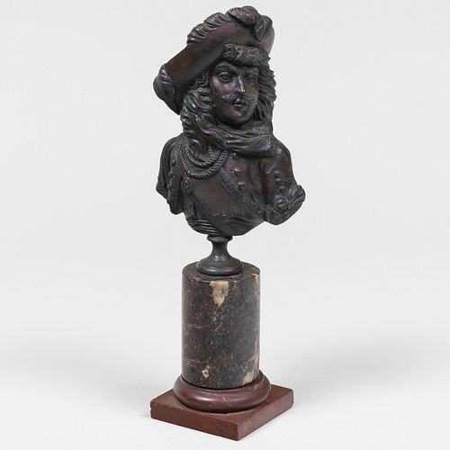 Bronze Bust of a Musketeer on Marble Socle