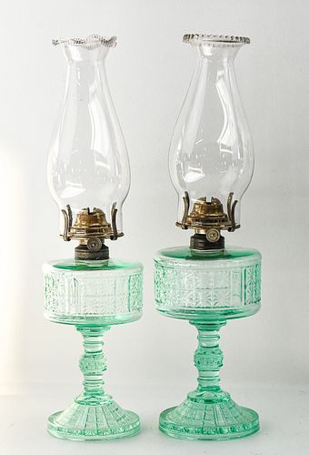 AQUAMARINE URANIUM GLASS OIL LAMPS (2)
