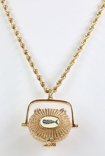 Signed Glenaan Elliot Miniature Gold Nantucket Basket Pendant and 14K Chain
