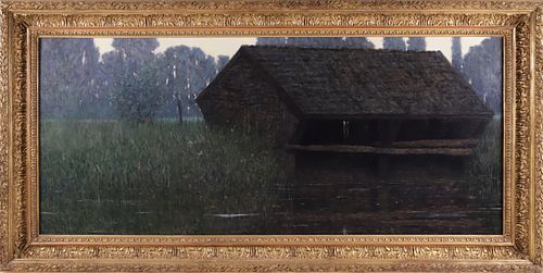 Donald Jurney Oil On Canvas "Cabin On The Marsh Landscape"