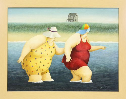 Lowell Herrero Oil on Canvas, "View of Mattawa Judy and Marge Wading", circa 1989