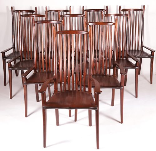Set of 10 Signed Stephen Swift Mahogany High Back Dining Chairs, circa 2000