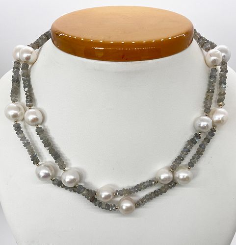 14k Yellow Gold Moonstone and White Fresh Water Pearl Necklace