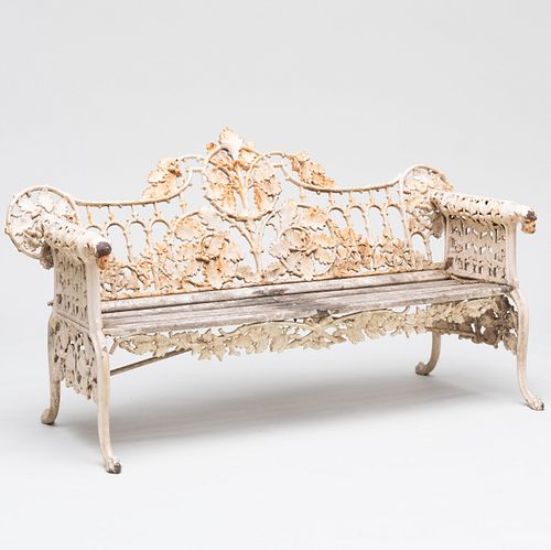 Coalbrookdale White Painted Cast-Iron and Wood 'Oak and Ivy' Garden Bench