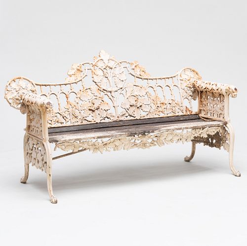 Coalbrookdale White Painted Cast Iron and Wood 'Oak and Ivy' Garden Bench