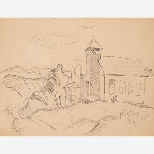  Thomas Hart Benton "Church on a Hill" Graphite (ca. 1930s)