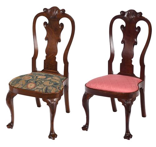 Very Rare Pair of Graeme Park Philadelphia Queen Anne Carved Walnut Compass Seat Side Chairs