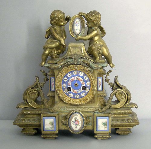 French gilt bronze mantle clock with hand paintedo