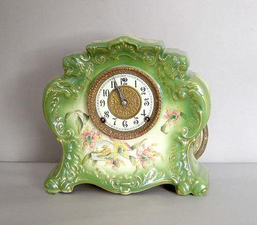 Gilbert No. 411 porcelain mantle clock, 11 1/2" h.