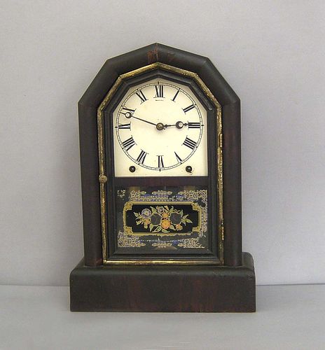 New Haven mahogany shelf clock, 19th c., 15" h.