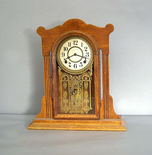 Ingraham oak mantle clock, 18" h.